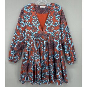 Rhode Dress Womens Medium Orange Blue Floral Tiered V-Neck Boho Mini Resort